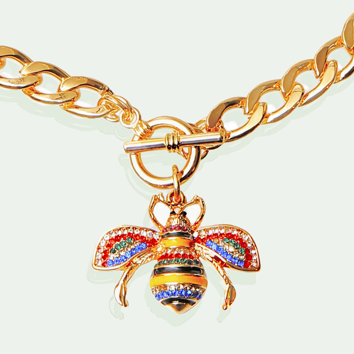 Statement Toggle Necklace with Multicolored Rhinestone Bee Accent, Trendy Fashion Jewelry