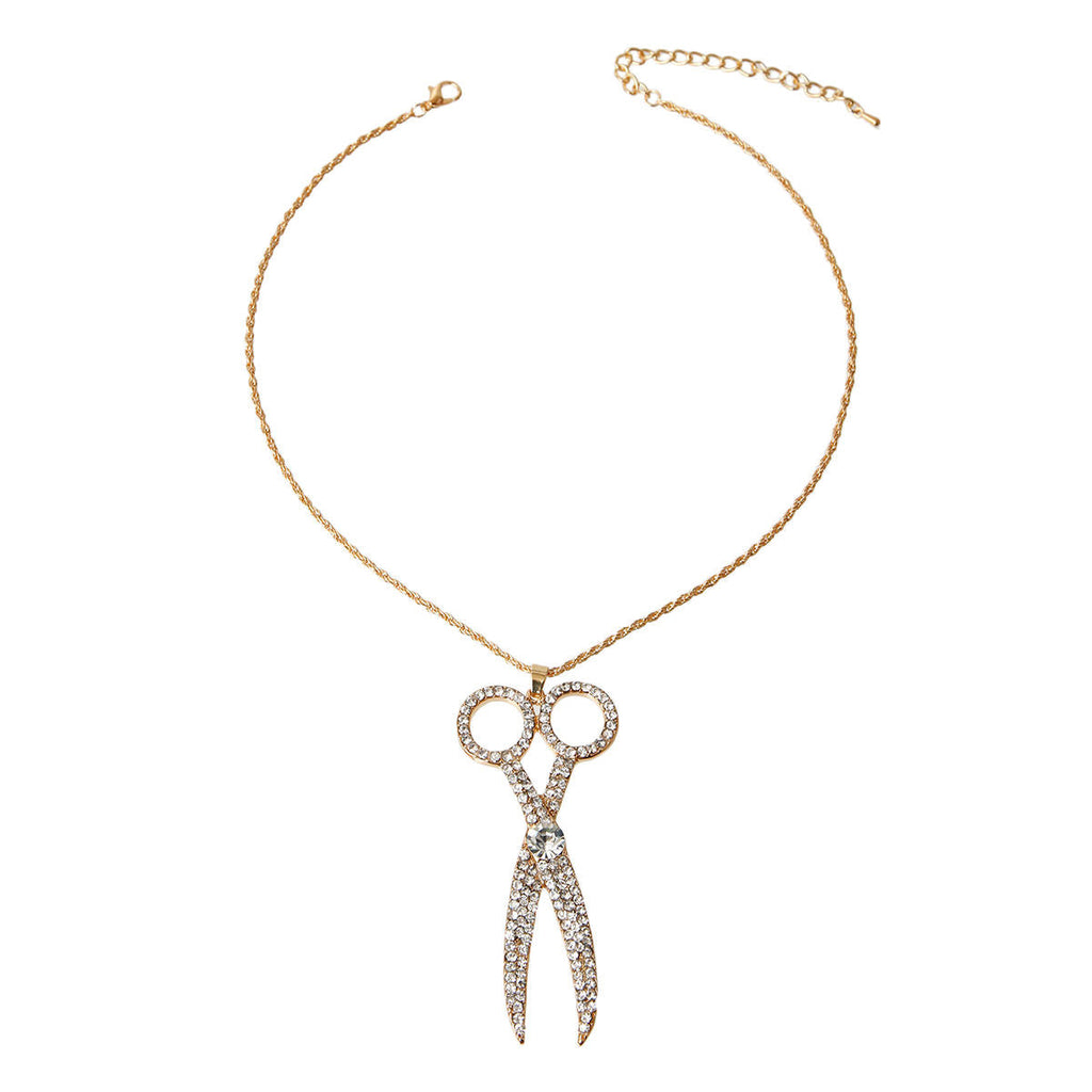 Scissors Pendant Necklace with Clear Rhinestones – Stylish Statement Jewelry