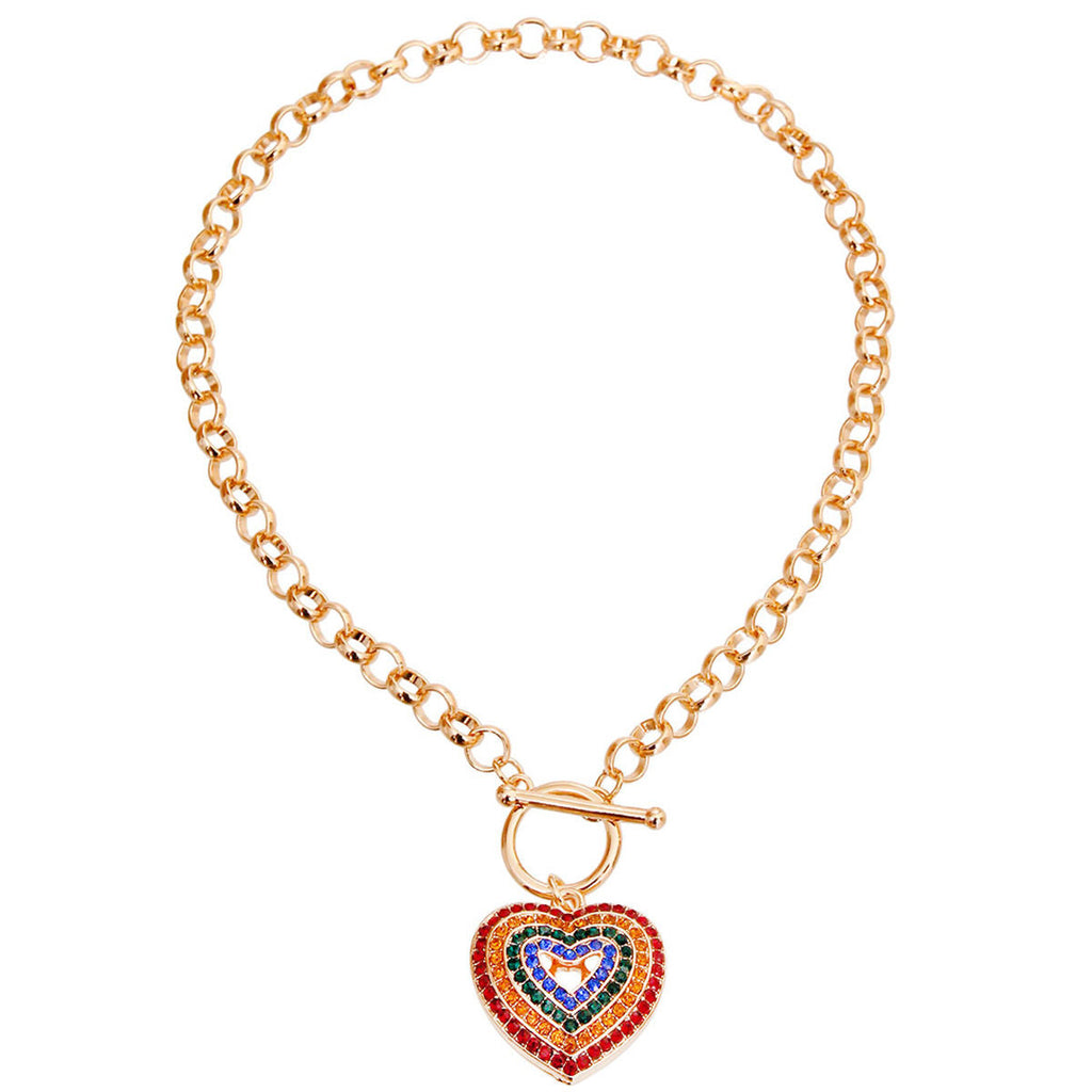 Statement Necklace Round Link Multi Color Heart Toggle Stylish Chic Jewelry