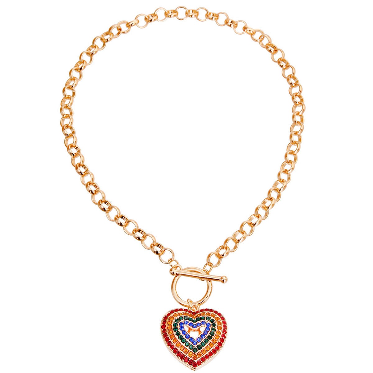 Statement Necklace Round Link Multi Color Heart Toggle Stylish Chic Jewelry