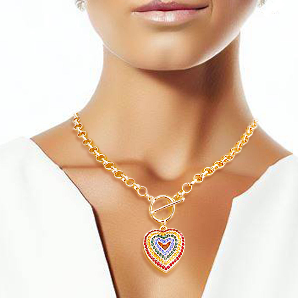 Statement Necklace Round Link Multi Color Heart Toggle Stylish Chic Jewelry