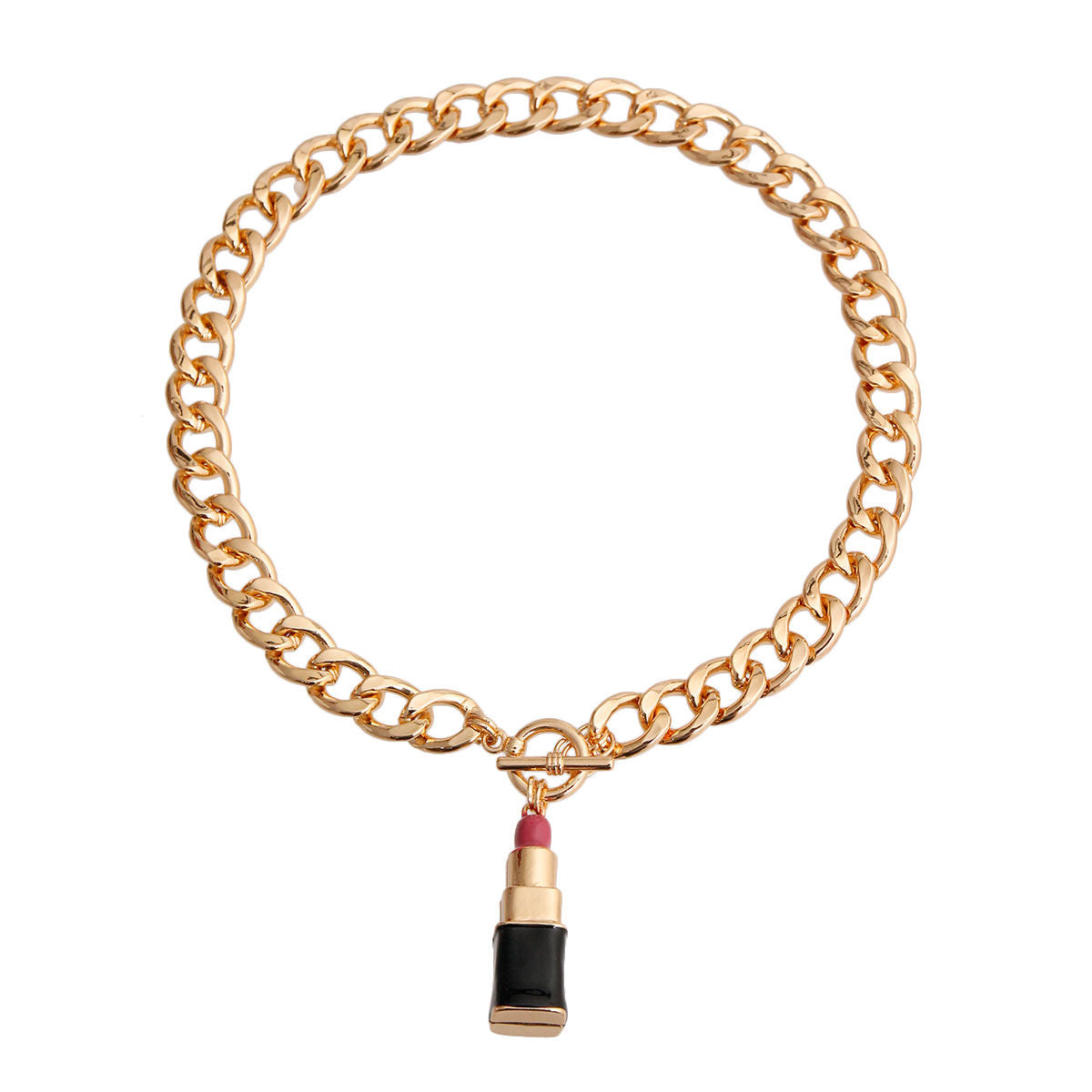 Charm Necklace with Pink Lipstick Pendant – Trendy Fashion Jewelry Accessory