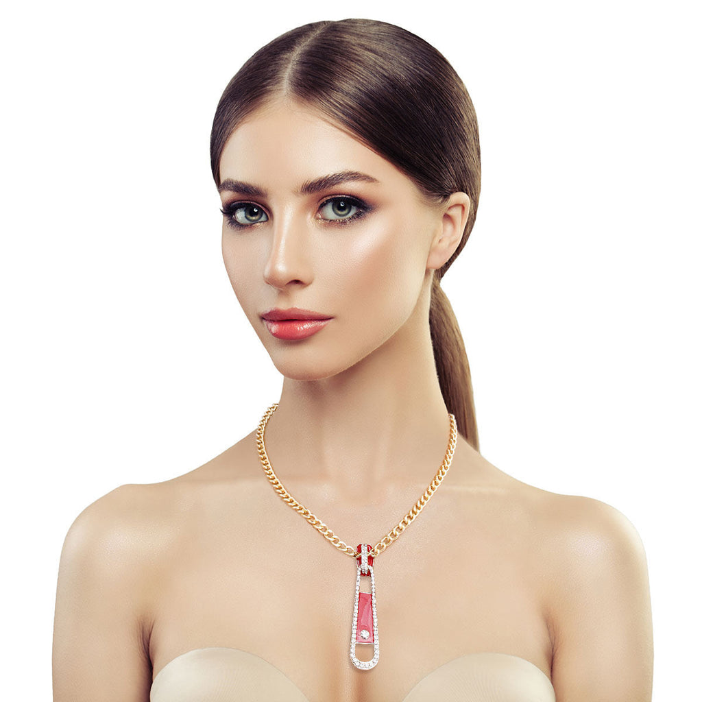 Pendant Necklace with Red Zipper Detail – Trendy Fashion Jewelry Accessory