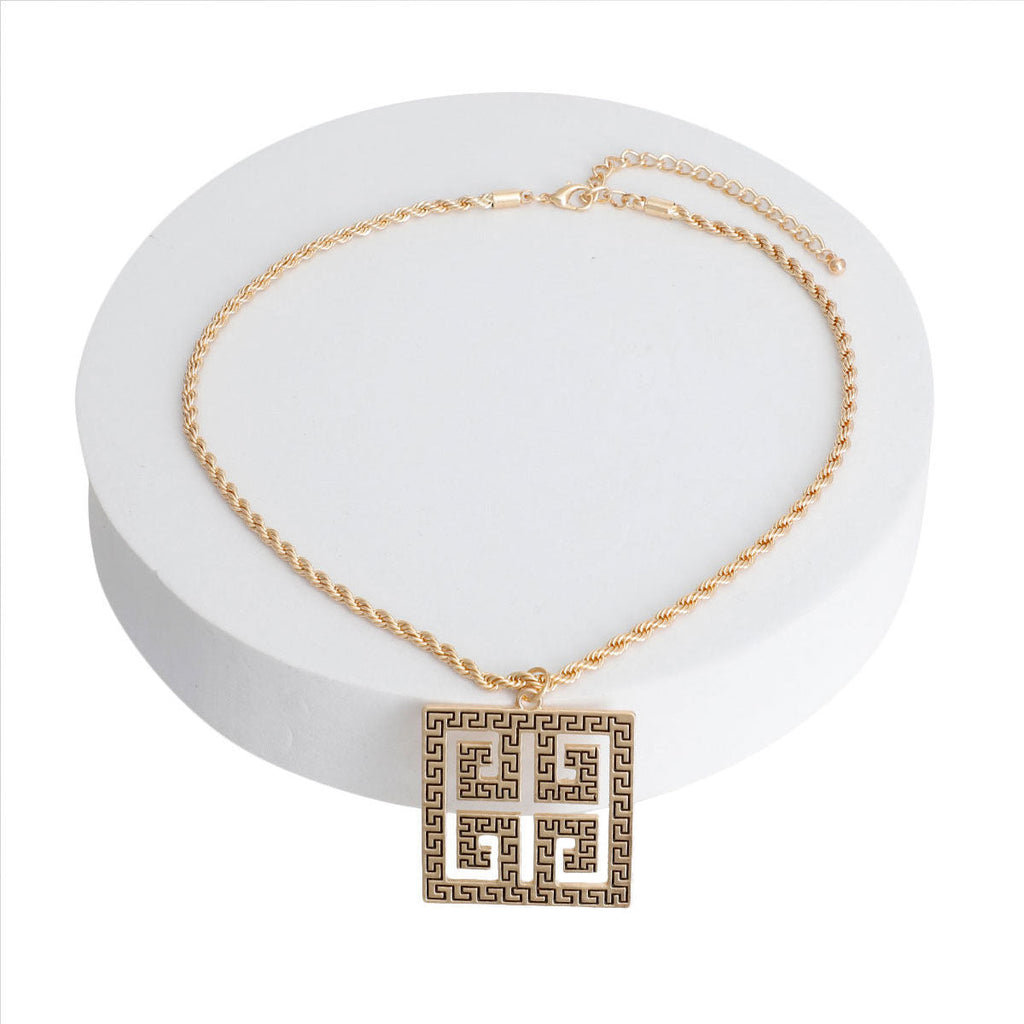 Pendant Necklace Gold Square Greek Key Stylish Statement Jewelry