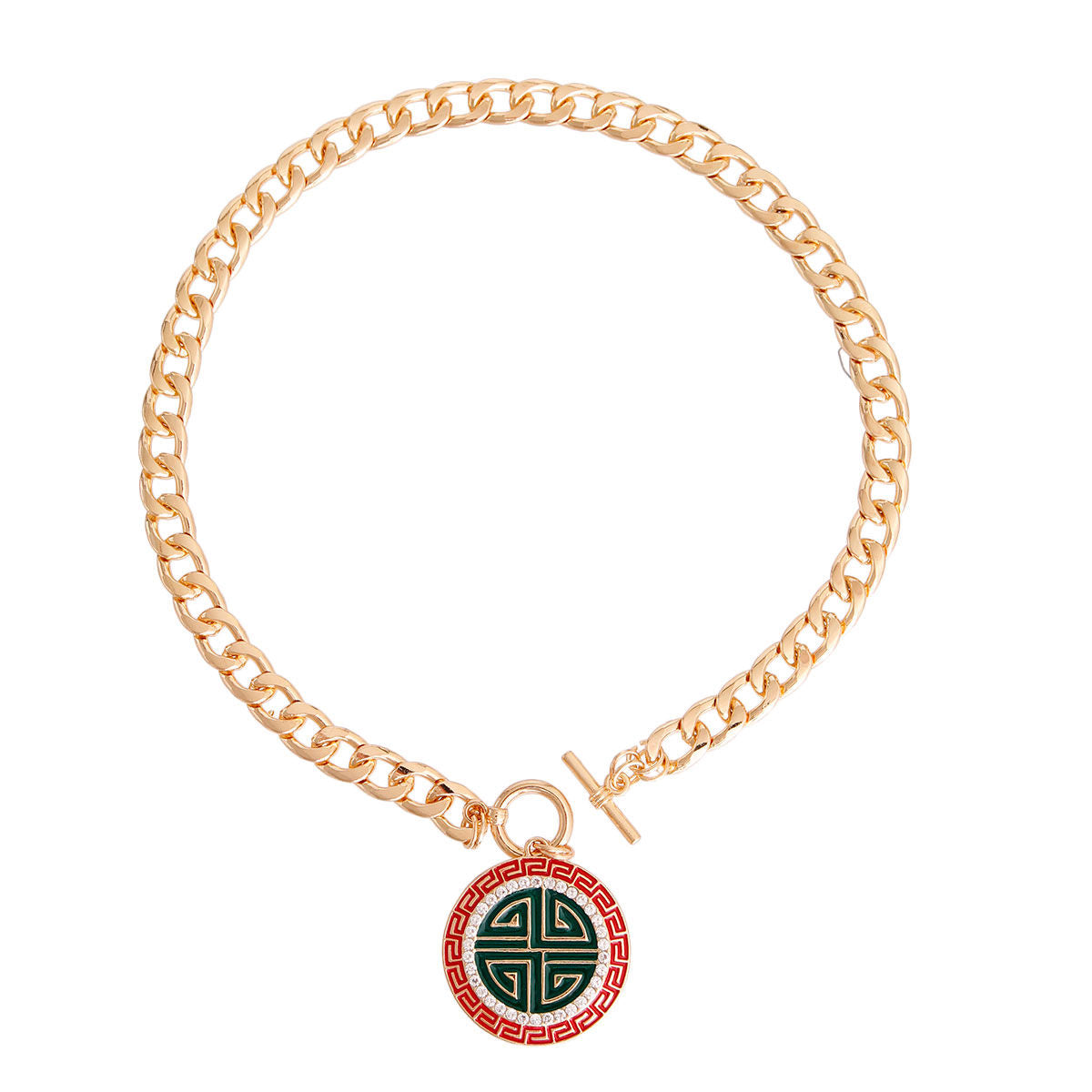 Statement Toggle Chain Necklace with Red and Green Greek Design