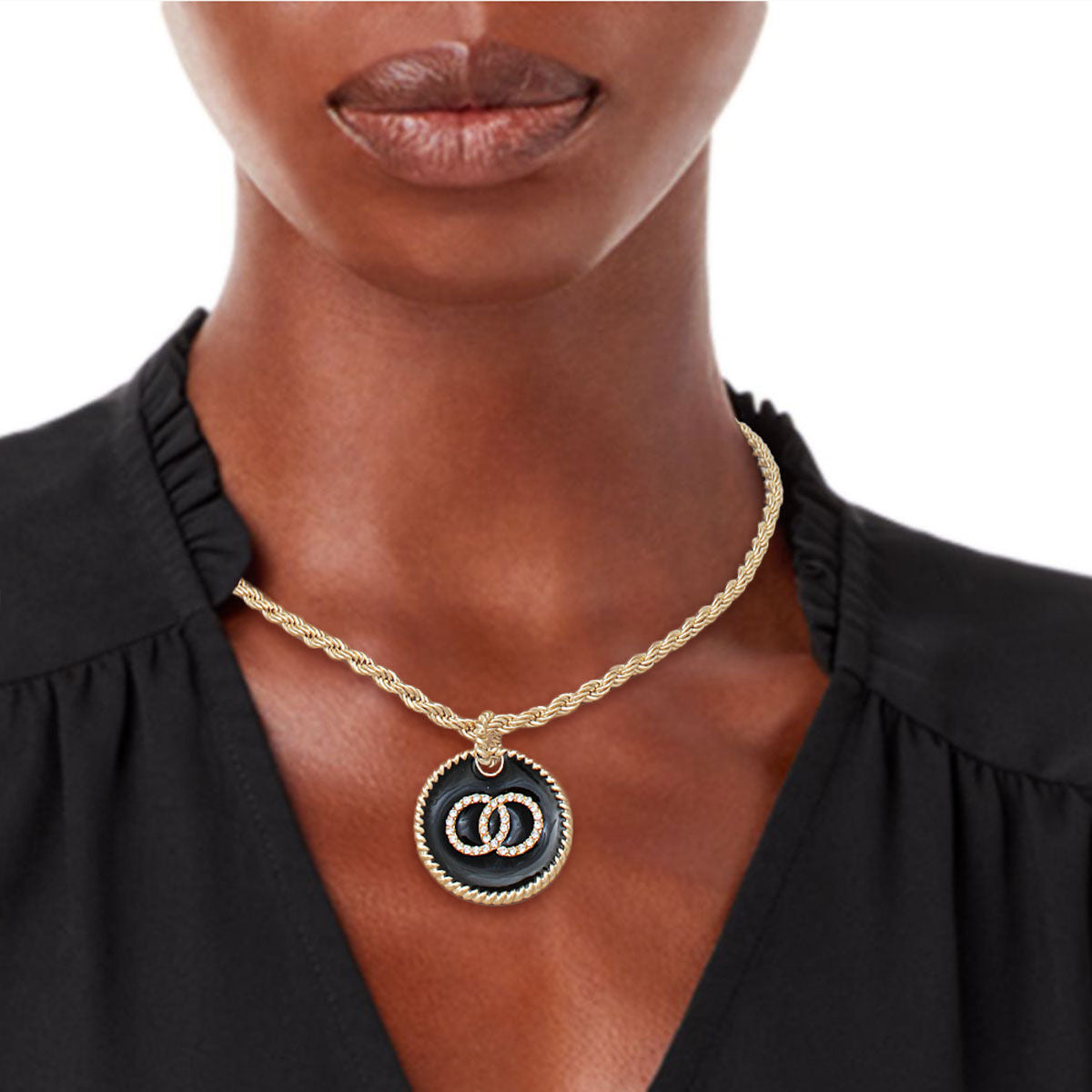 Infinity Pendant Necklace with Black Pendant and Gold Twisted Chain Stylish Jewelry Accessory