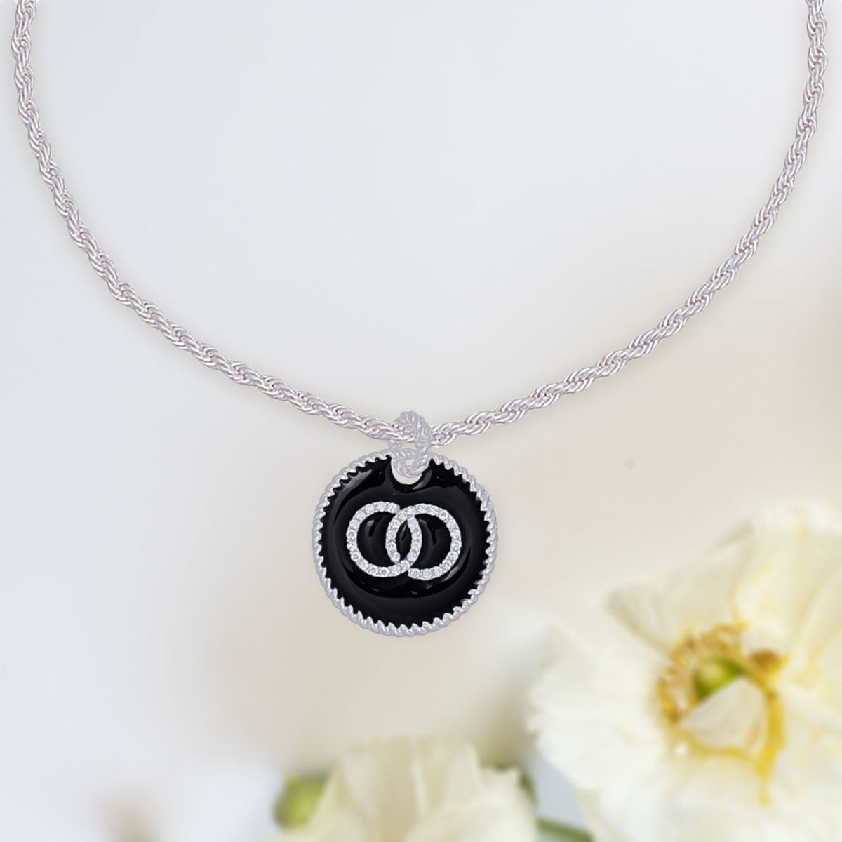Infinity Pendant Necklace with Black Pendant and Silver Twisted Chain Stylish Jewelry Accessory
