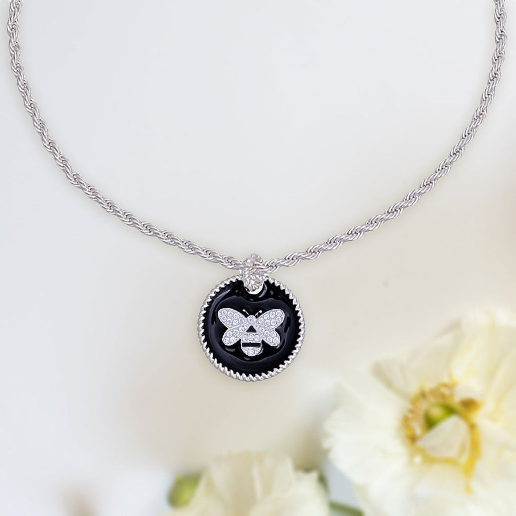 Statement Pendant Necklace Black Bee with Silver Twisted Chain Stylish Jewelry Accessory