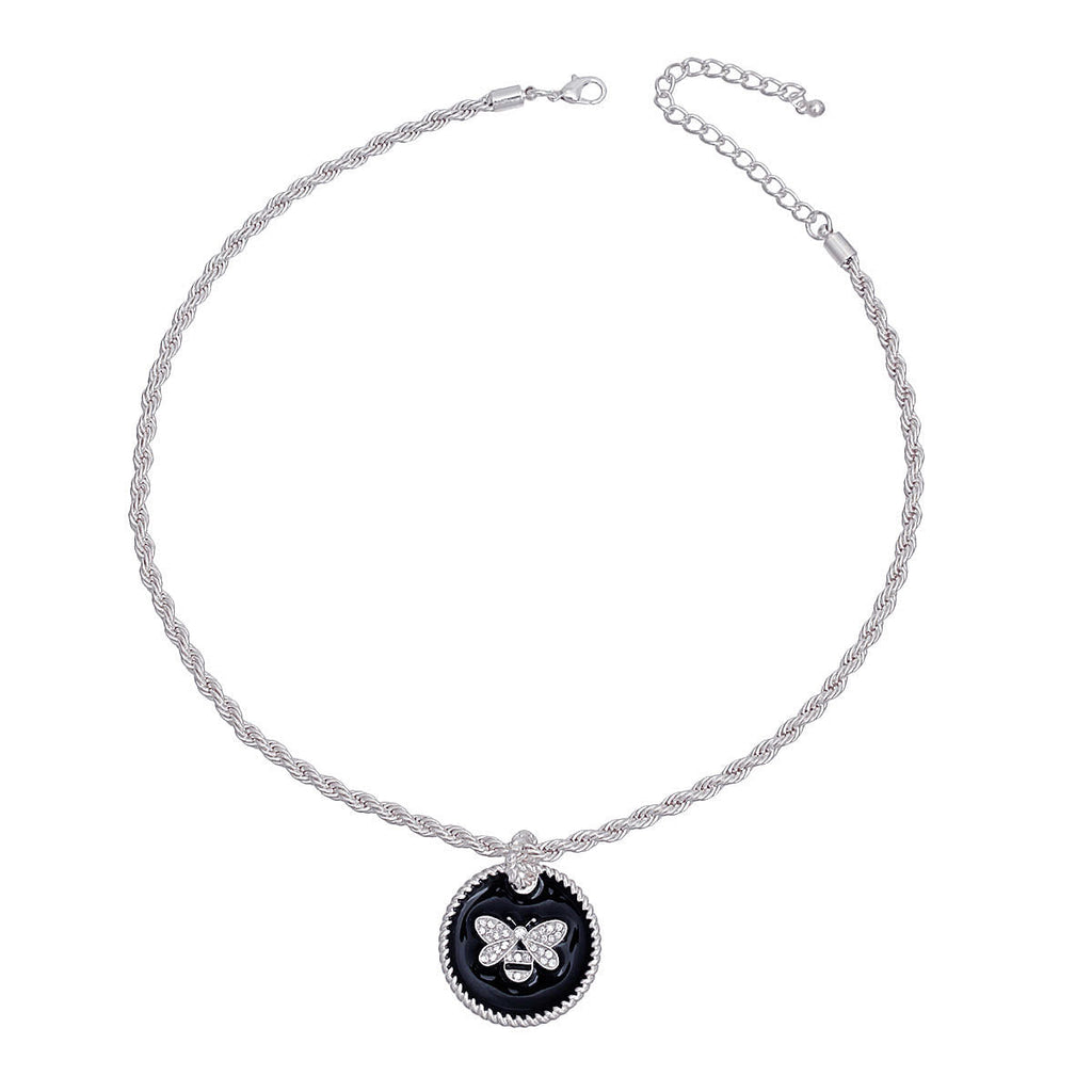 Statement Pendant Necklace Black Bee with Silver Twisted Chain Stylish Jewelry Accessory