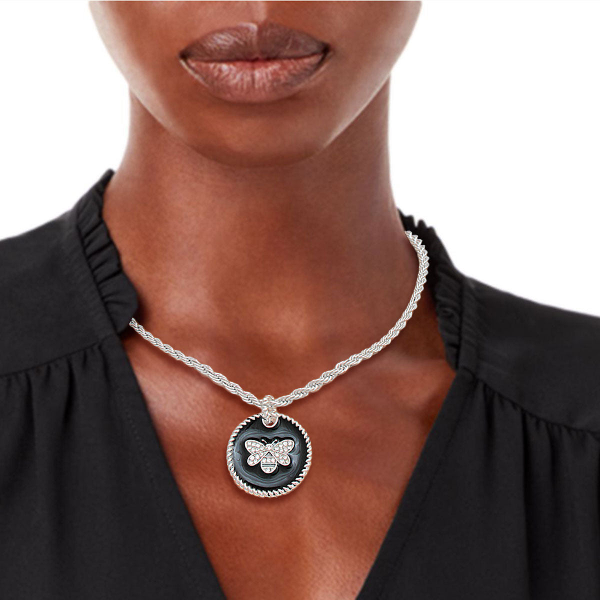 Statement Pendant Necklace Black Bee with Silver Twisted Chain Stylish Jewelry Accessory
