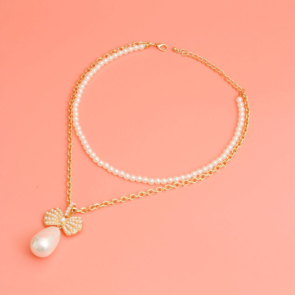 Statement Double Layer Pearl Bow Necklace, Trendy Elegant Jewelry Accessory