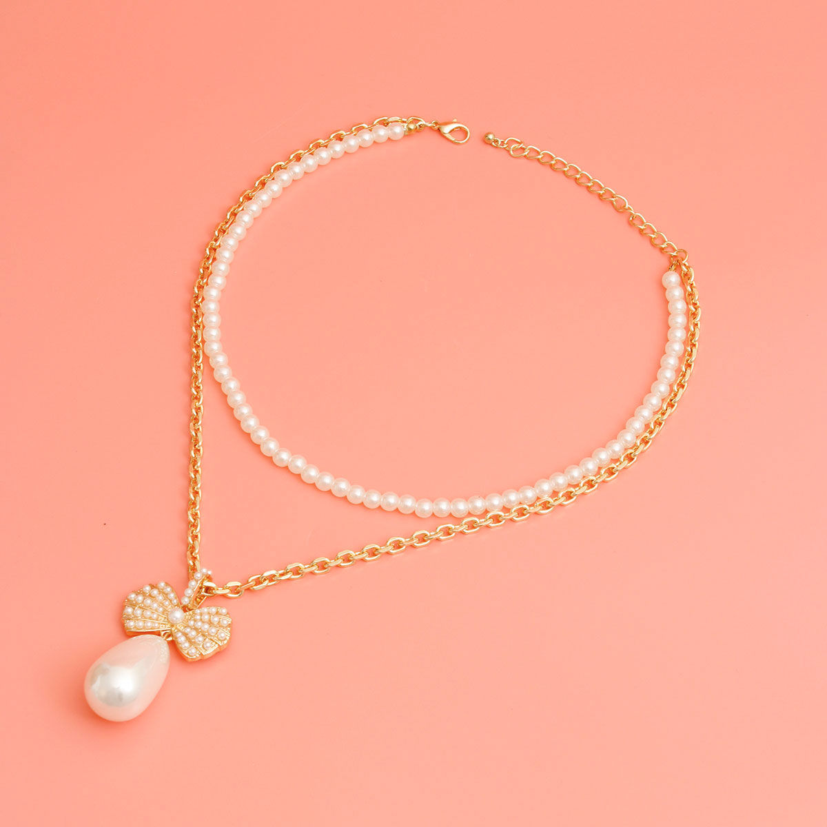 Statement Double Layer Pearl Bow Necklace, Trendy Elegant Jewelry Accessory