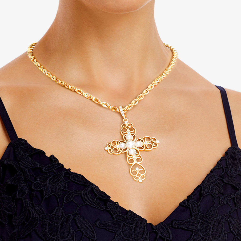 Statement Filigree Cross Necklace Cream Stylish Jewelry Accessory