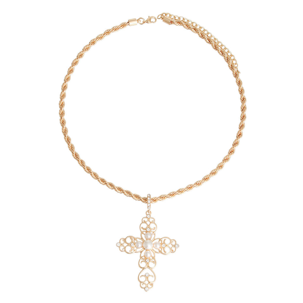 Statement Filigree Cross Necklace Cream Stylish Jewelry Accessory