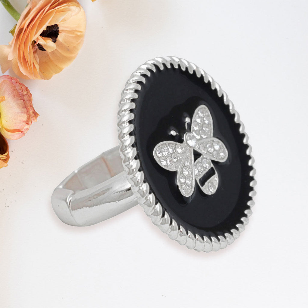 Silver Ring with Black Bee Charm – Trendy Fashion Jewelry Accessory