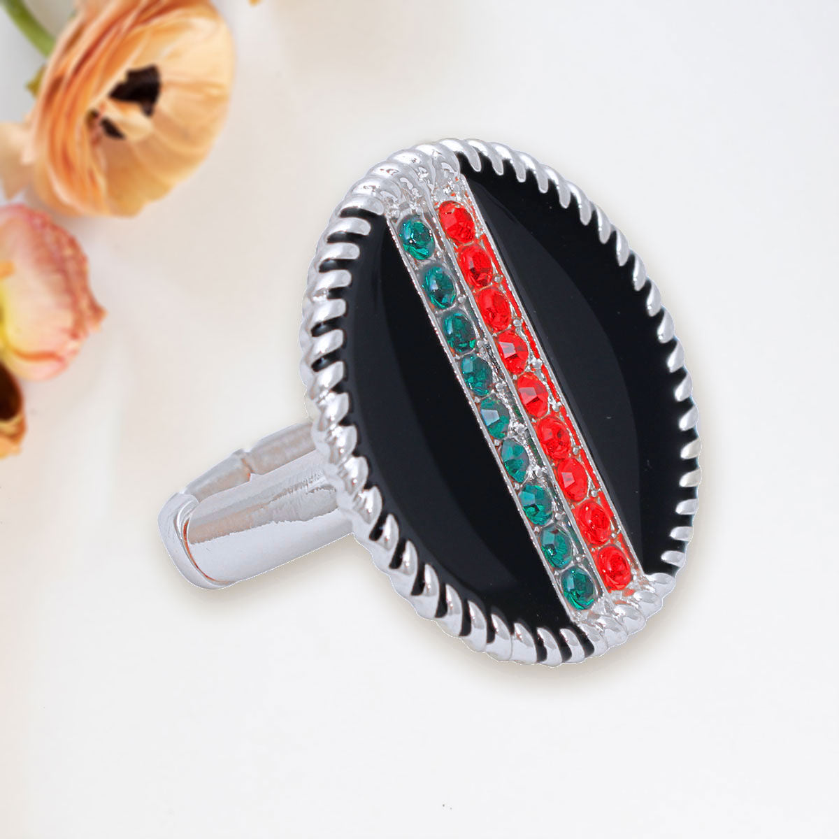 Silver Ring with Black Stripe Charm – Trendy Fashion Jewelry