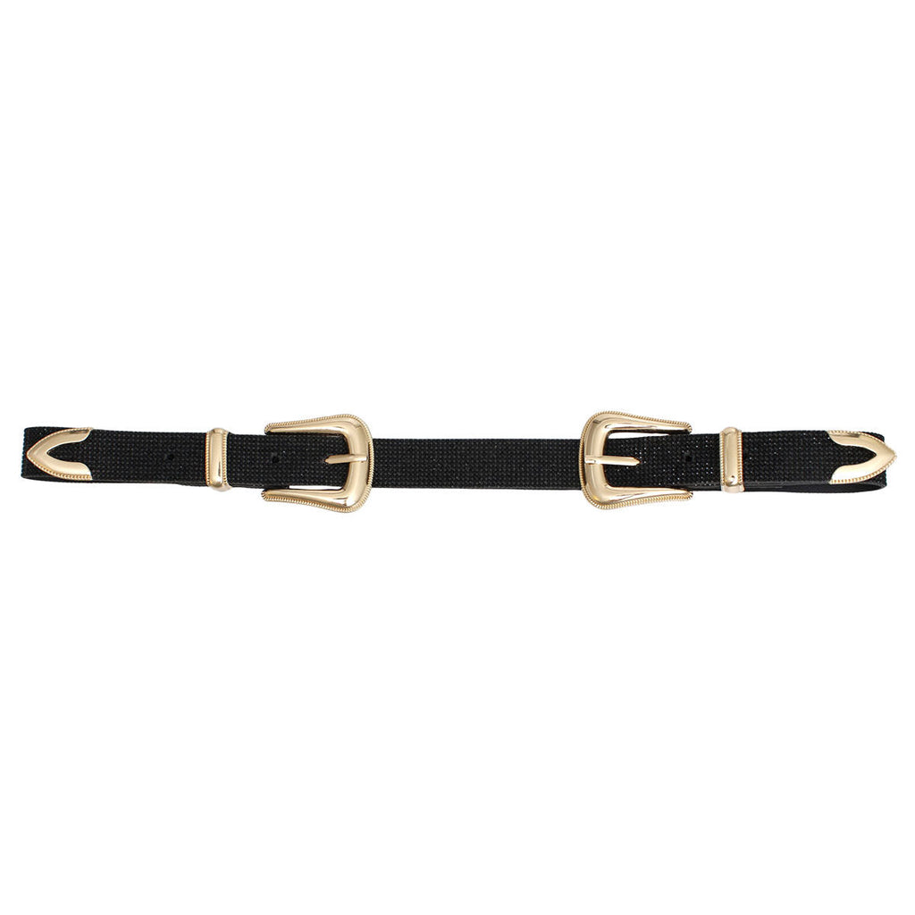 Women’s Double Buckle Western Belt Black Stone Stylish Accessory