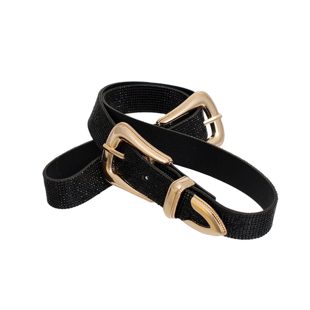 Women’s Double Buckle Western Belt Black Stone Stylish Accessory