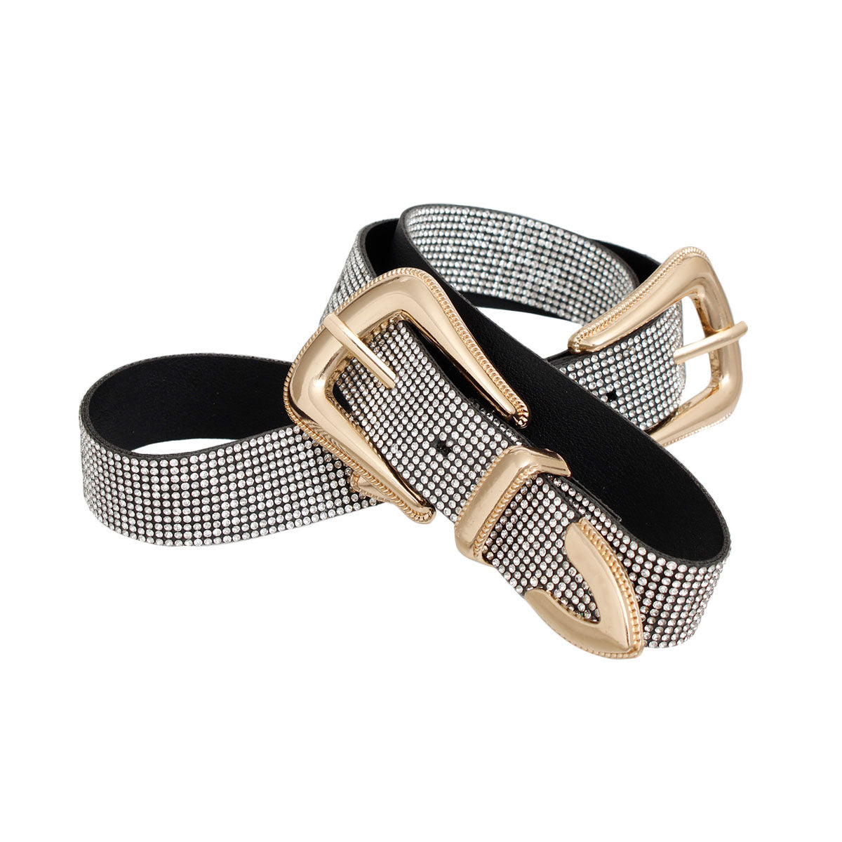 Women’s Double Buckle Western Belt with Clear Stone – Trendy Fashion Accessory