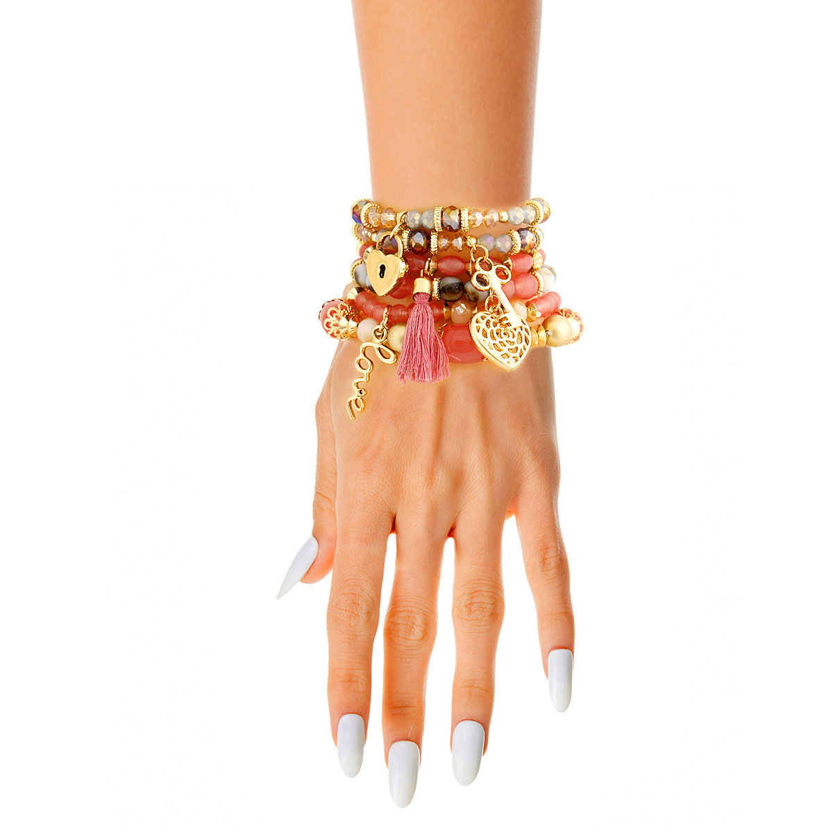Glass Bead Bracelets 6 Pcs Set in Mauve – Stylish Layered Jewelry