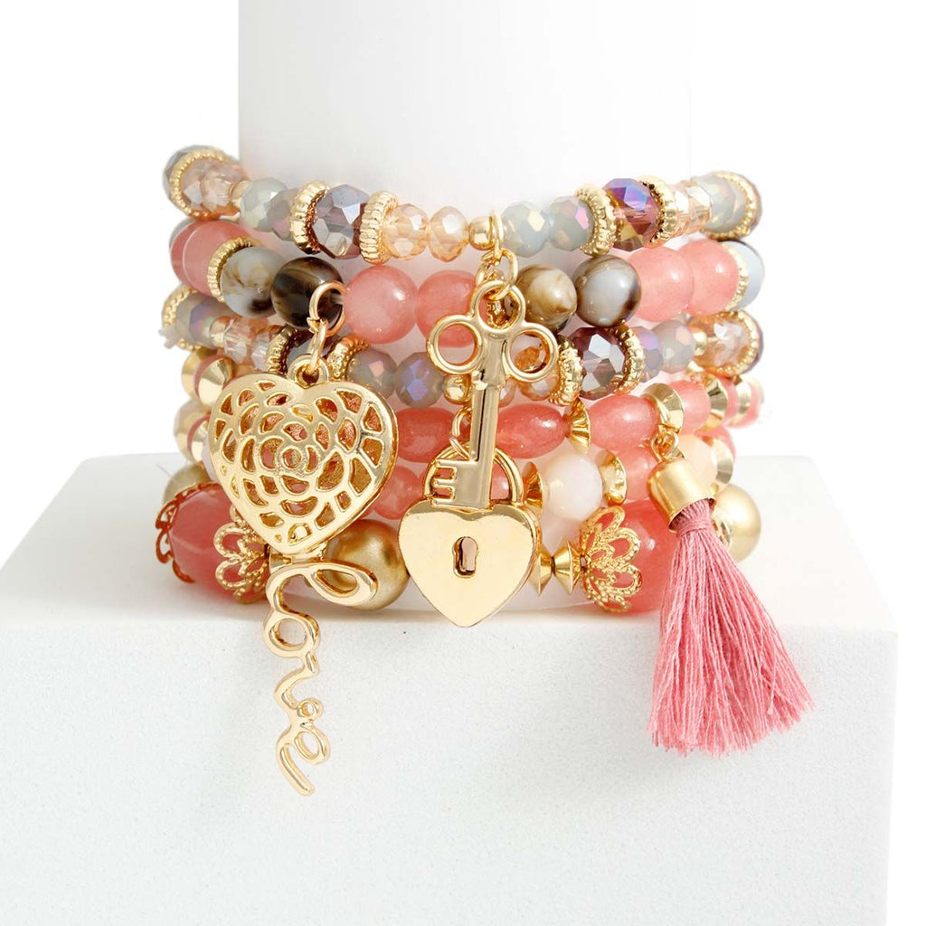 Glass Bead Bracelets 6 Pcs Set in Mauve – Stylish Layered Jewelry
