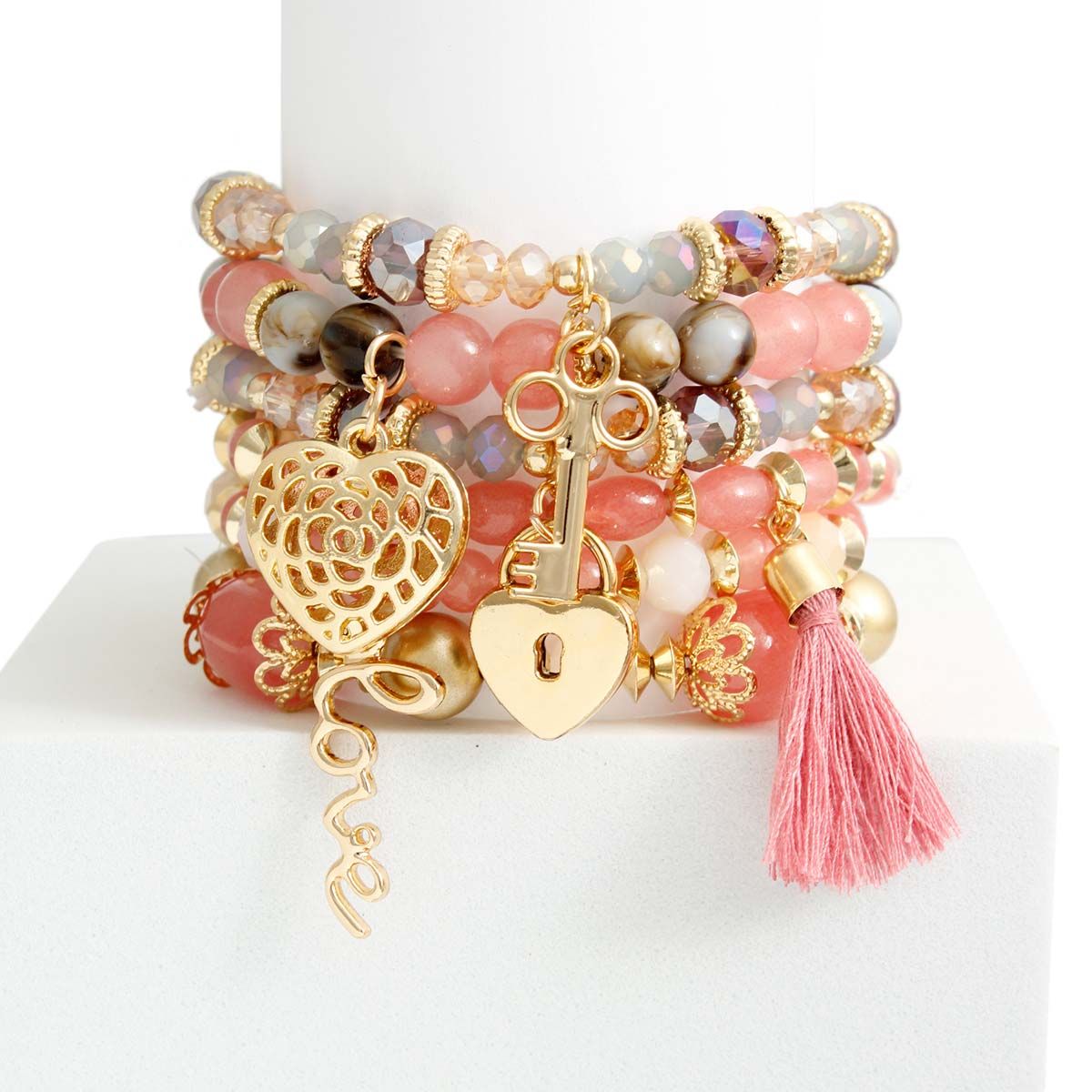 Glass Bead Bracelets 6 Pcs Set in Mauve – Stylish Layered Jewelry