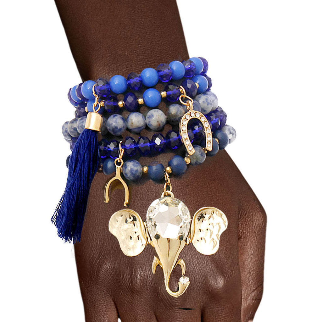 Charm Bracelet Set with Blue Bead Elephant Charm – Trendy Stylish Jewelry Accessory