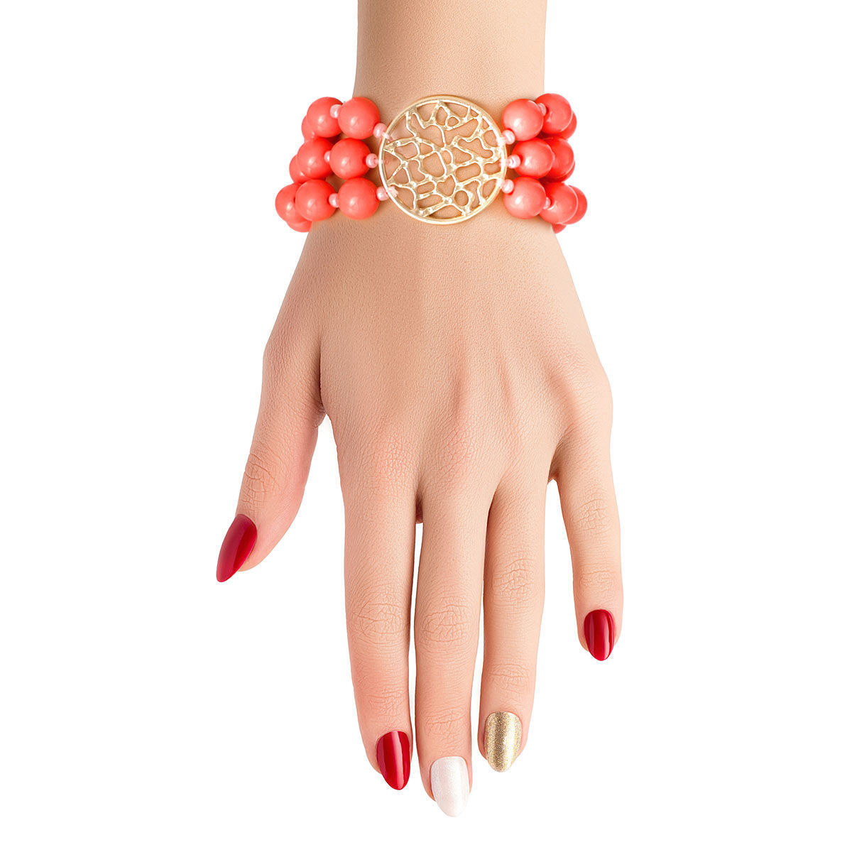 Gold Round Coral Bead Bracelet Stylish Fashion Jewelry Accessory