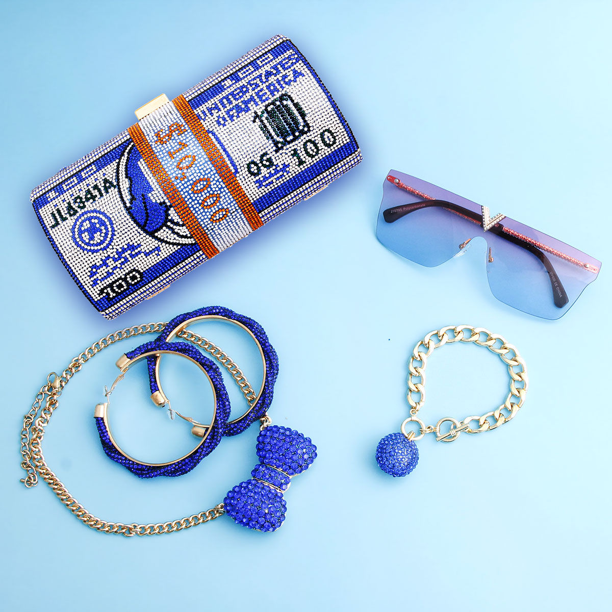 Fashion Clutch Blue Bling Rolled Benjamins Stylish Accessory