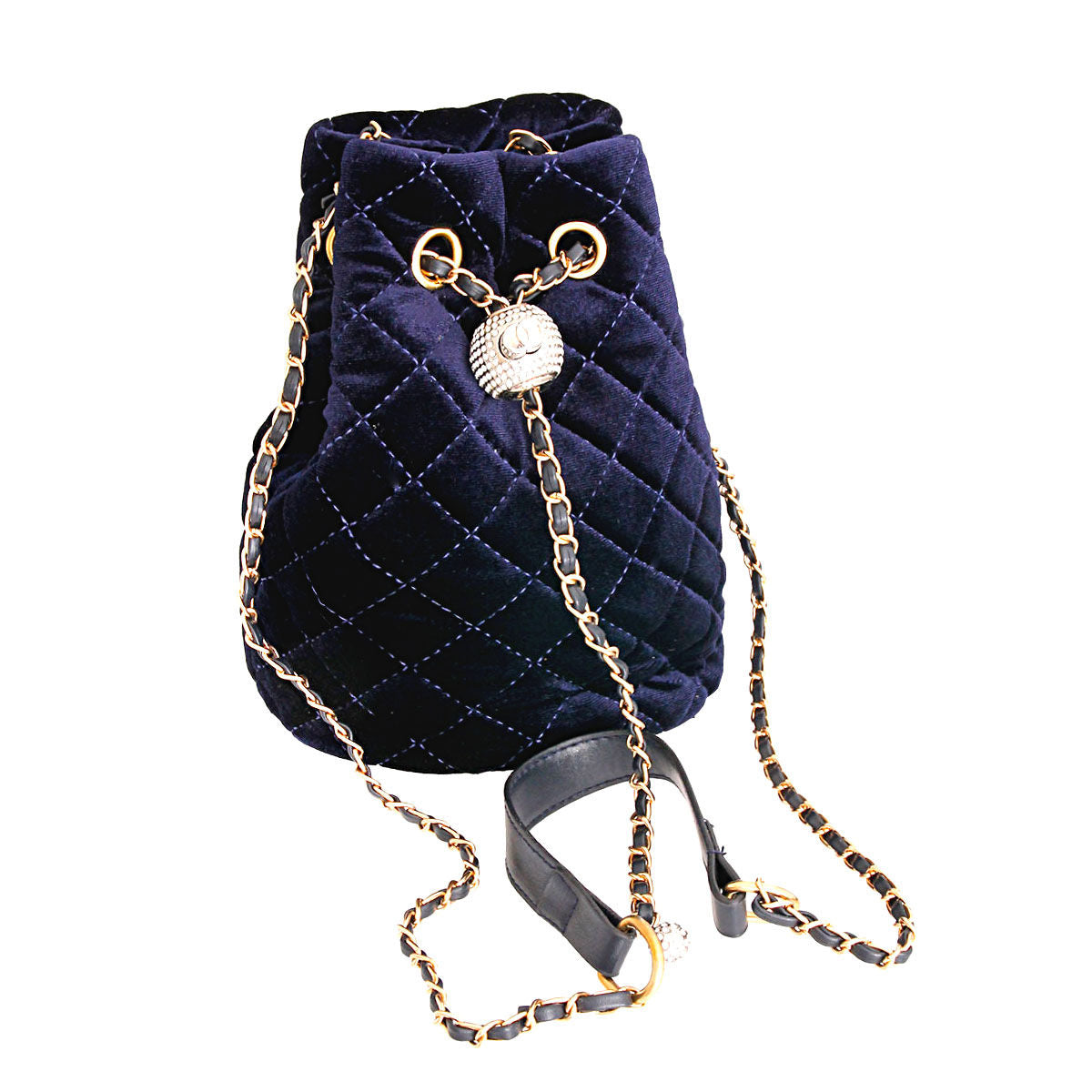 Fashion Handbag Navy Velvet Bucket Bag with Diamond Pattern, Stylish Chic Accessory