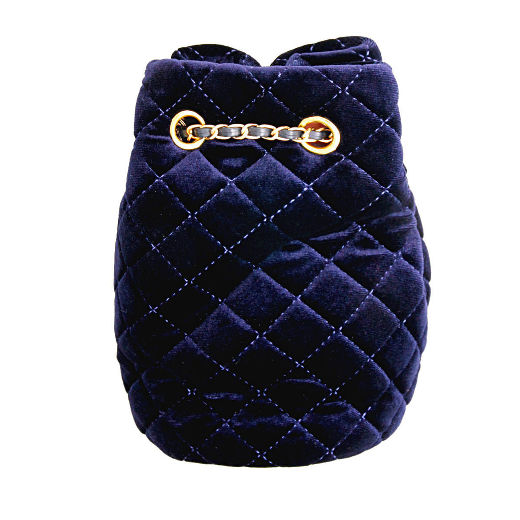 Fashion Handbag Navy Velvet Bucket Bag with Diamond Pattern, Stylish Chic Accessory