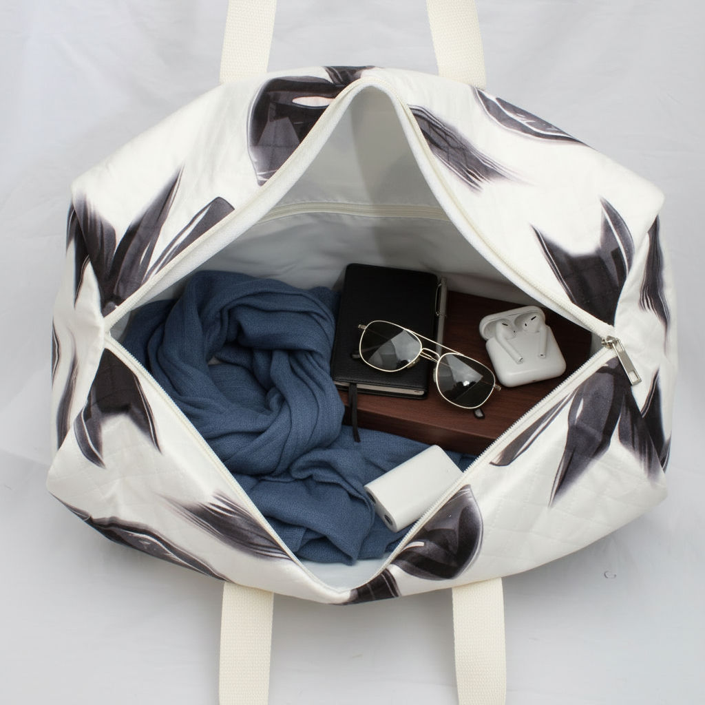 Fashion Travel Duffel Bag Cream Quilted with Black Bow Stylish and Chic