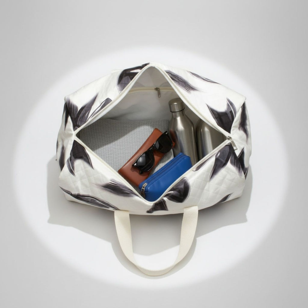 Fashion Travel Duffel Bag Cream Quilted with Black Bow Stylish and Chic