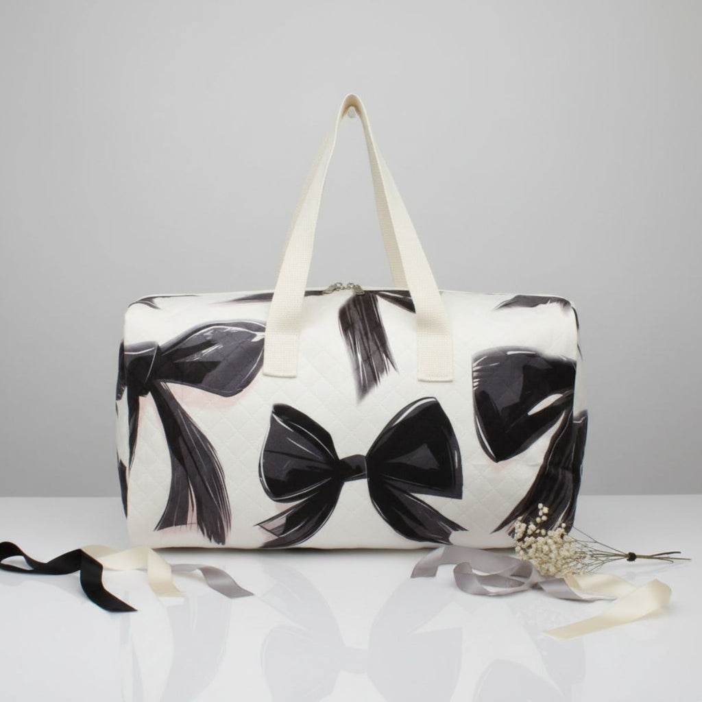 Fashion Travel Duffel Bag Cream Quilted with Black Bow Stylish and Chic