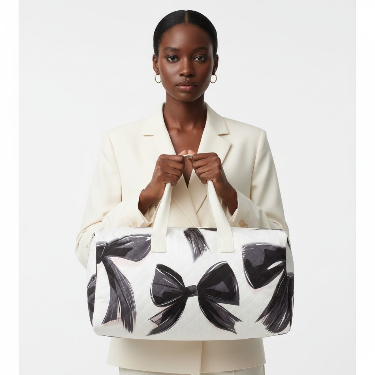 Fashion Travel Duffel Bag Cream Quilted with Black Bow Stylish and Chic