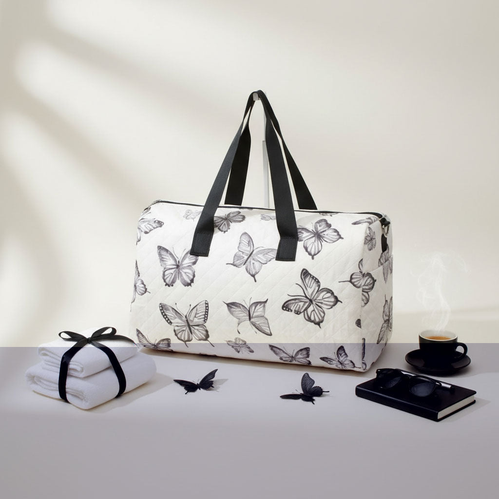 Fashion Travel Duffel Bag Cream Quilted Black Butterfly Stylish and Chic