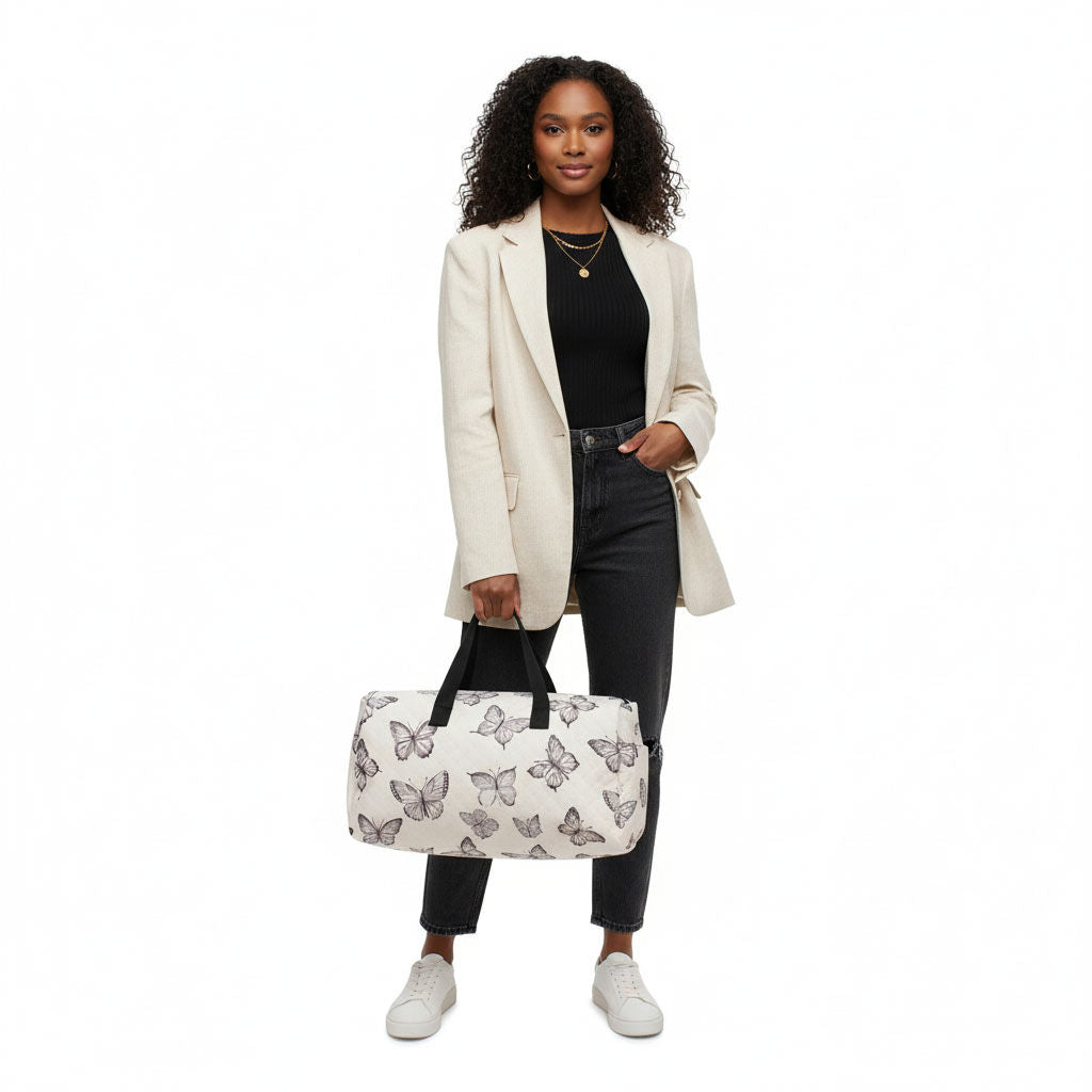 Fashion Travel Duffel Bag Cream Quilted Black Butterfly Stylish and Chic