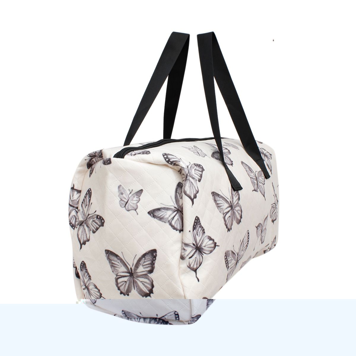 Fashion Travel Duffel Bag Cream Quilted Black Butterfly Stylish and Chic