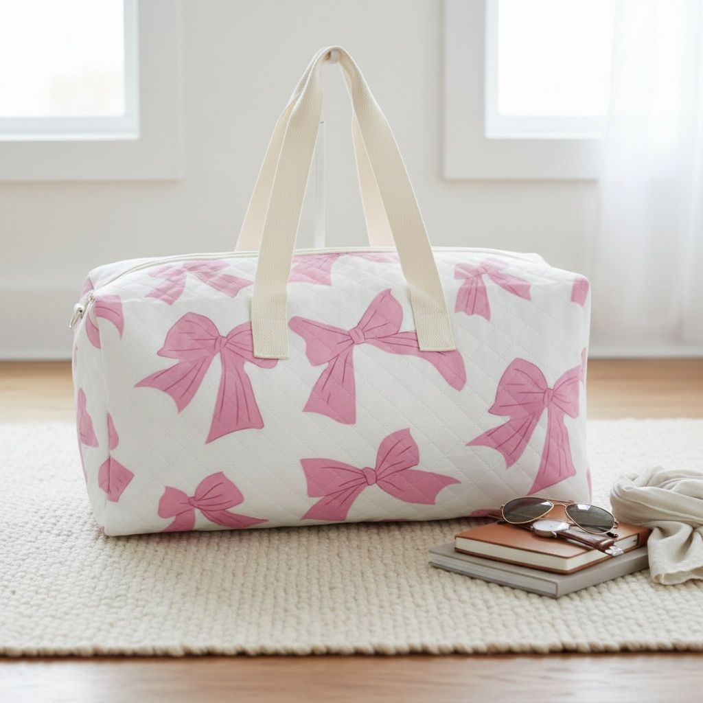 Fashion Travel Duffel Bag White Quilted with Pink Bow Stylish Accessory