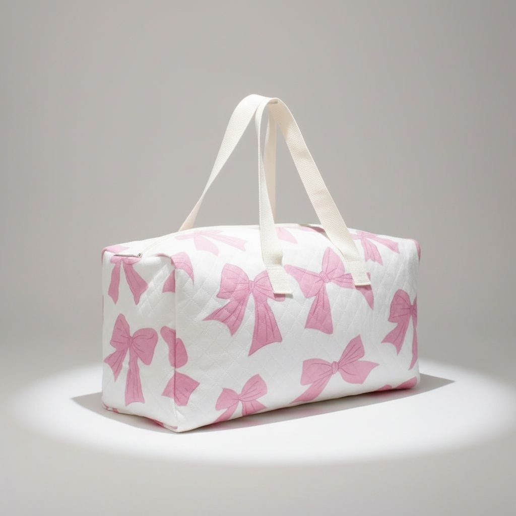 Fashion Travel Duffel Bag White Quilted with Pink Bow Stylish Accessory