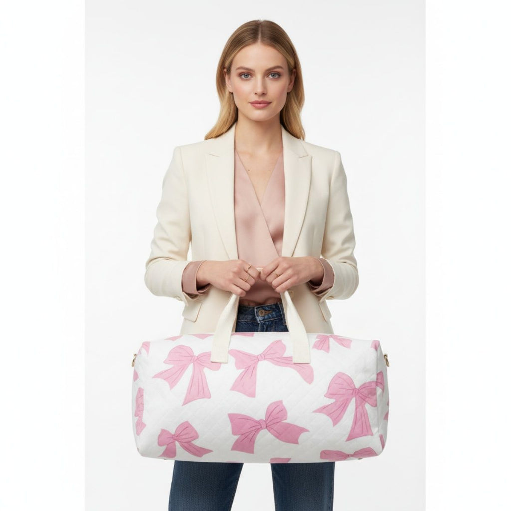 Fashion Travel Duffel Bag White Quilted with Pink Bow Stylish Accessory