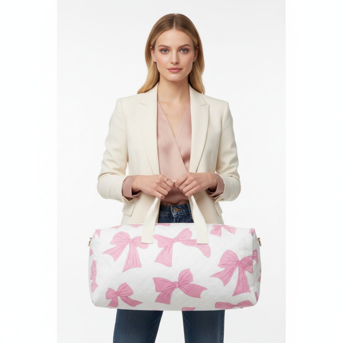 Fashion Travel Duffel Bag White Quilted with Pink Bow Stylish Accessory