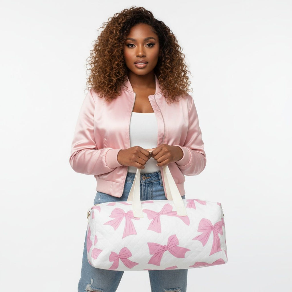 Fashion Travel Duffel Bag White Quilted with Pink Bow Stylish Accessory