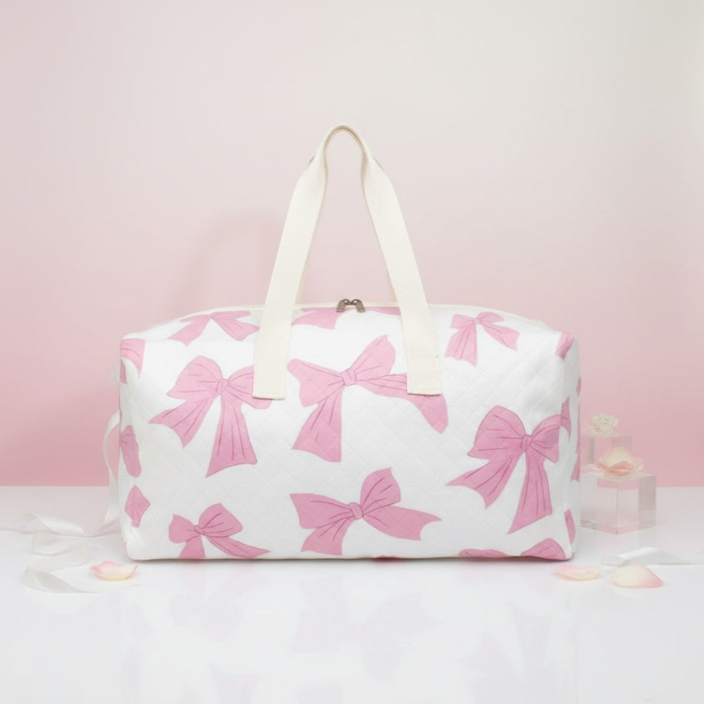 Fashion Travel Duffel Bag White Quilted with Pink Bow Stylish Accessory