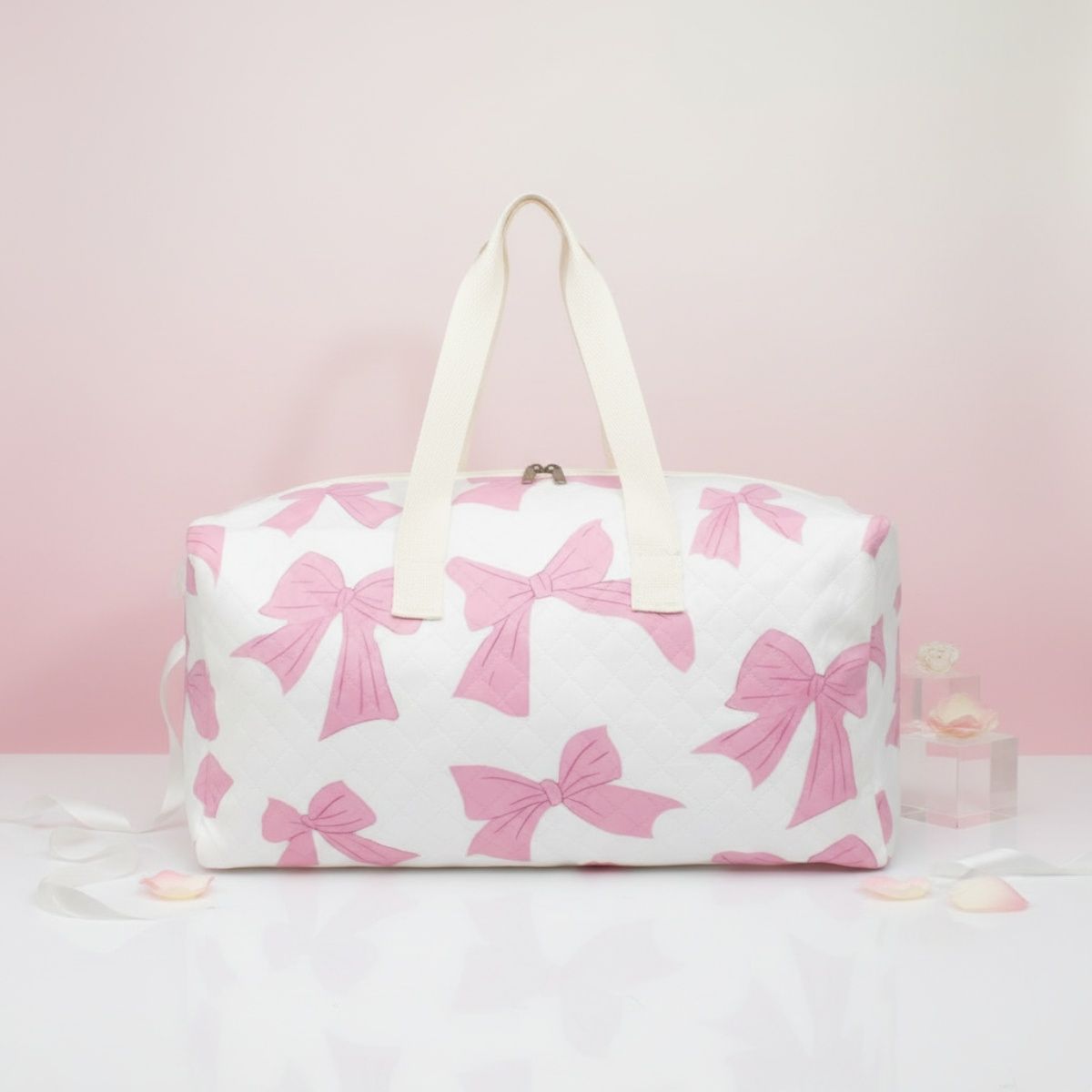 Fashion Travel Duffel Bag White Quilted with Pink Bow Stylish Accessory