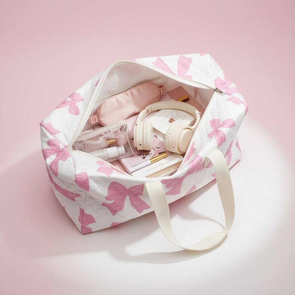 Fashion Travel Duffel Bag White Quilted with Pink Bow Stylish Accessory