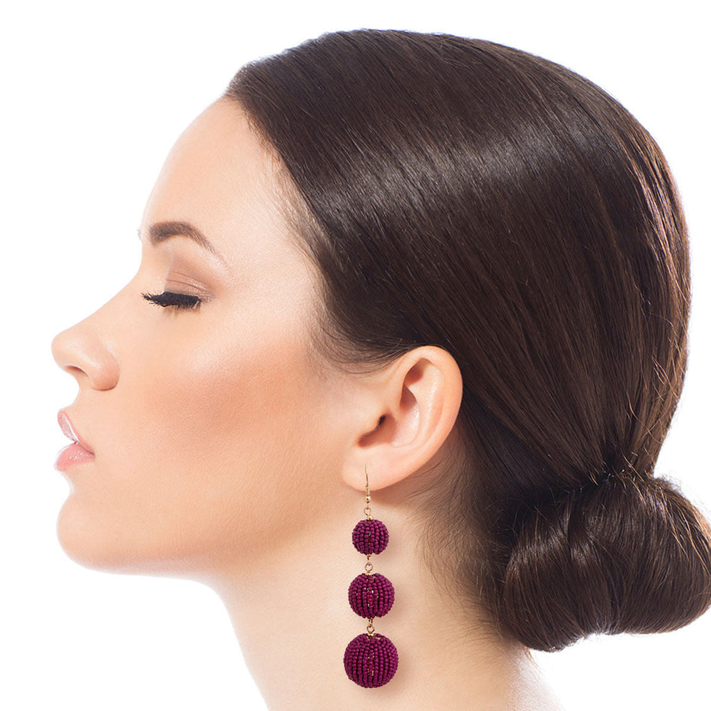 Seed Bead Ball Earrings Purple Trio Stylish Statement Jewelry
