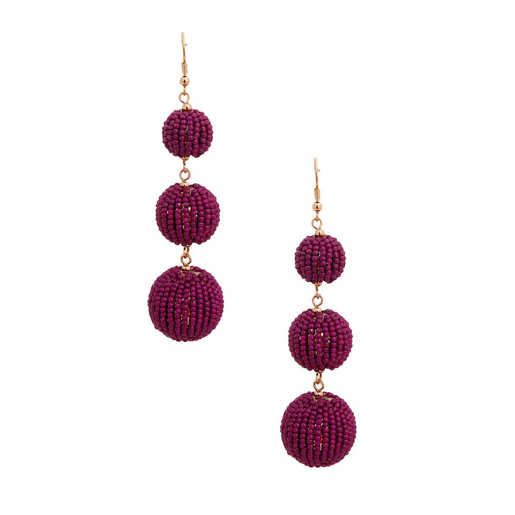 Seed Bead Ball Earrings Purple Trio Stylish Statement Jewelry