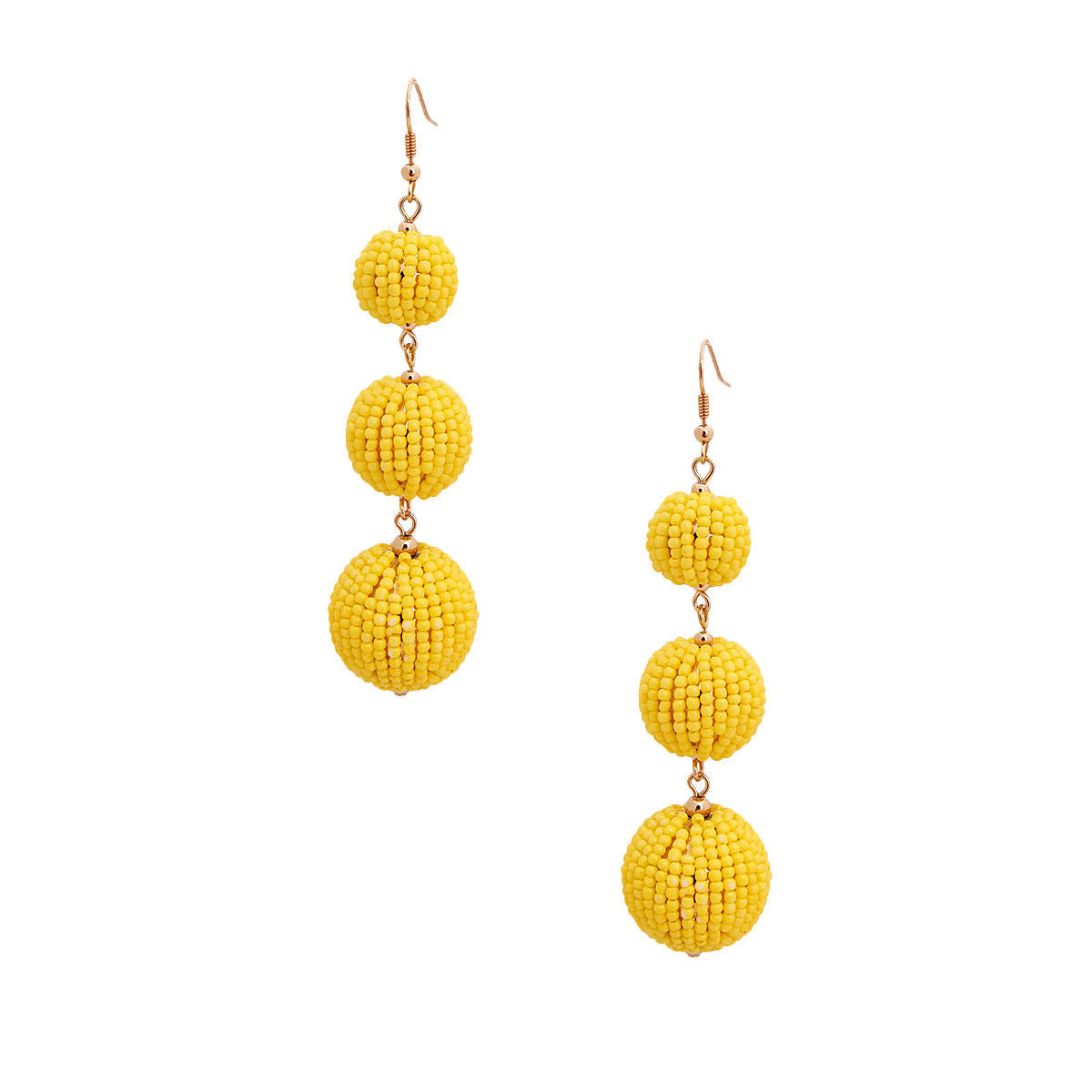 Seed Bead Ball Earrings Yellow Trio Stylish Statement Jewelry