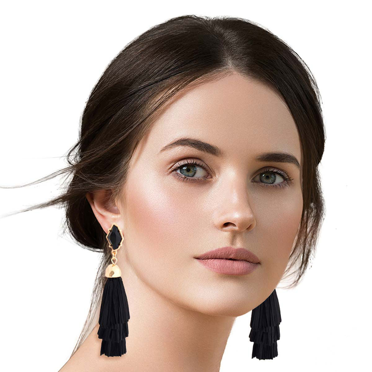 Stacked Tassel Earrings Black Raffia Statement Fashion Jewelry